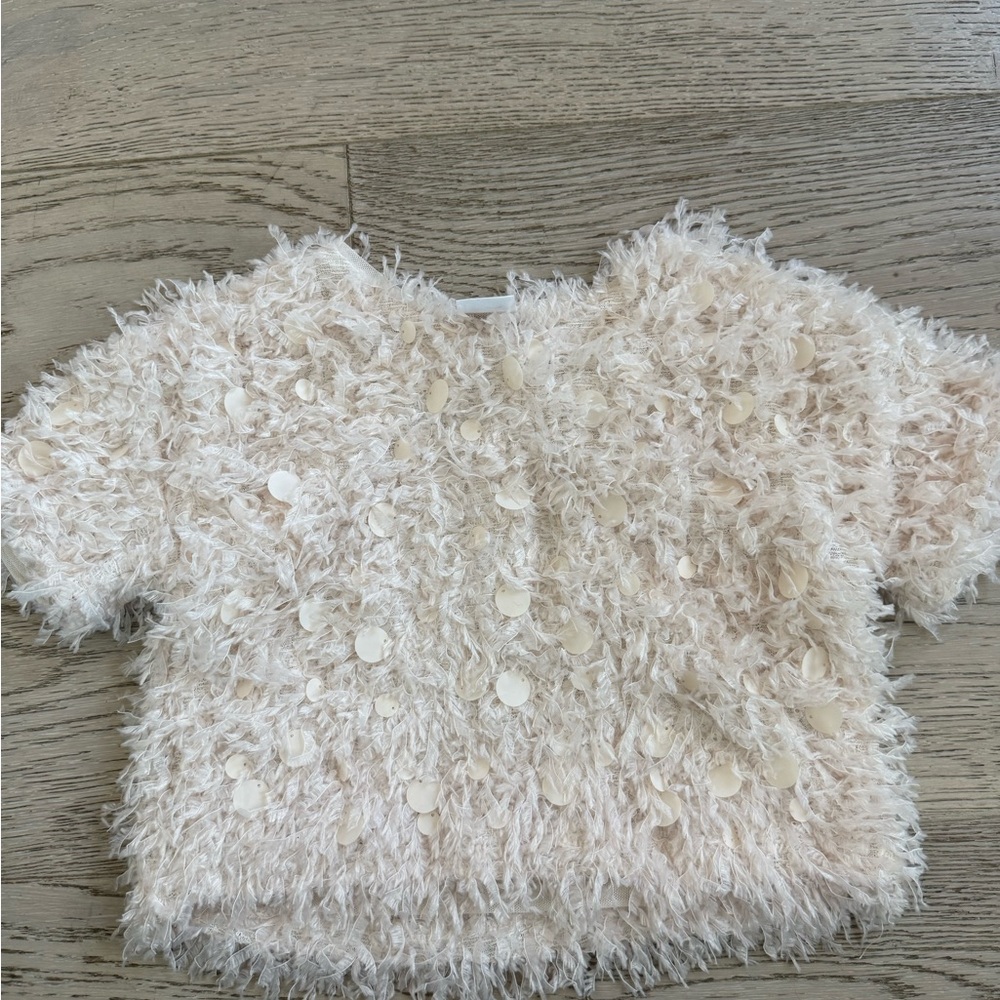 Zara Cream Textured Sequin Short Sleeve Top